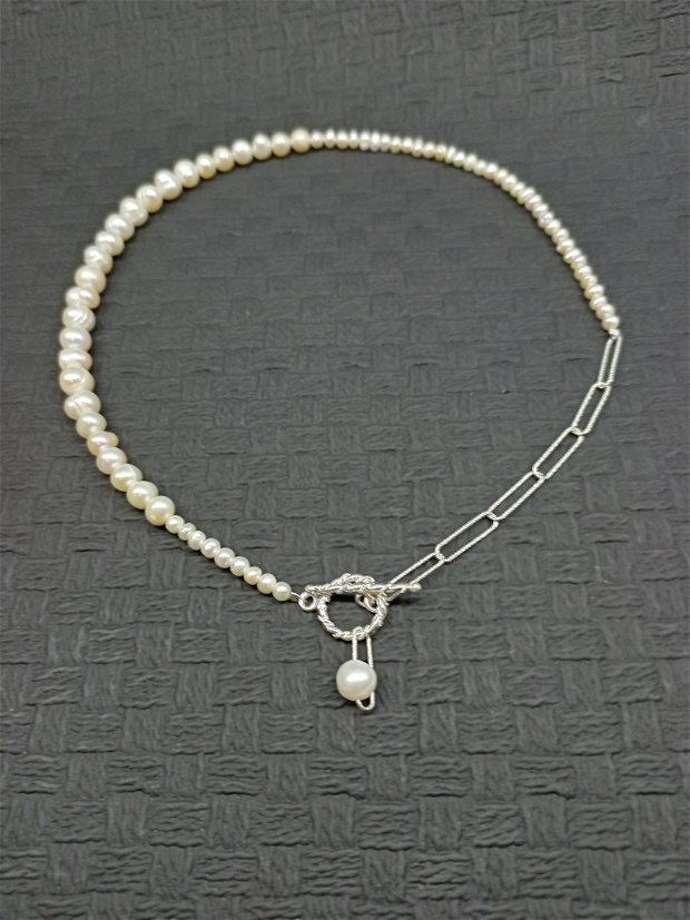 Colier argint perle de cultura naturale lant argint gradient asimetric romantic clasic trendy -Transport gratuit