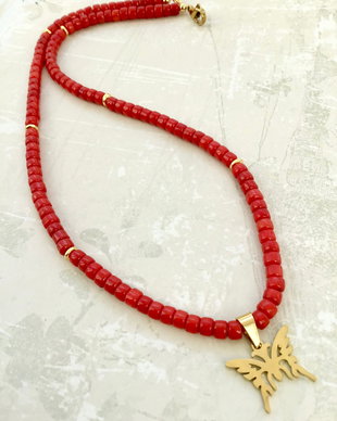 Colier CHOKER Coral rosu & fluture inox aurit