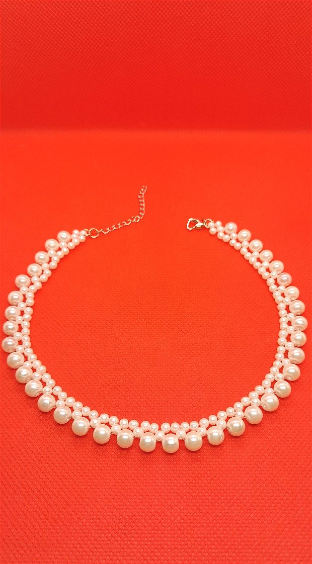 Colier elegant/mireasa, tip choker din perle de sticla - alb