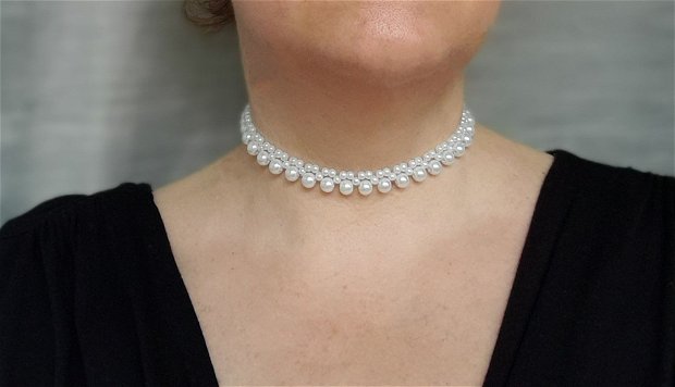 Colier elegant/mireasa, tip choker din perle de sticla - alb