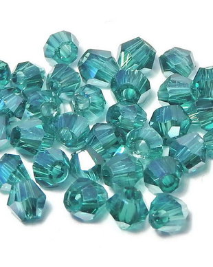 Cristale din sticla, biconice, 3 mm, AB, cyan