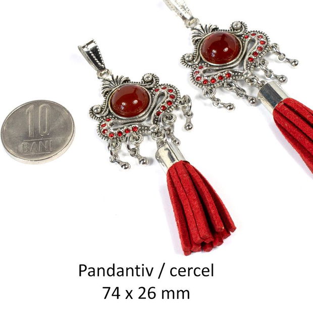 Pandantiv / cercel, cabochon Carneol, ciucure faux suede si cristale de sticla fatetate,  DS-405