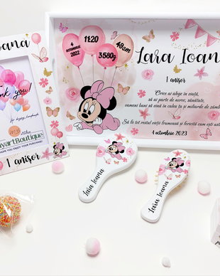 Set aniversar personalizat 1 anisor - Baby Minnie Mouse - Tavita turta si accesorii