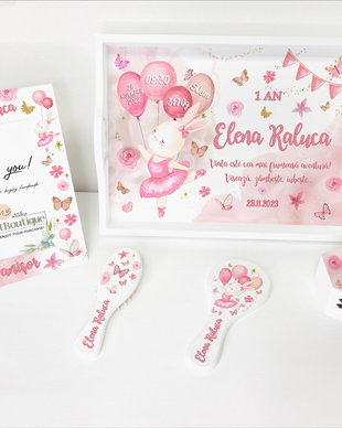 Set aniversar personalizat 1 anisor - Lovely Bunny Ballerina - Tavita turta si accesorii
