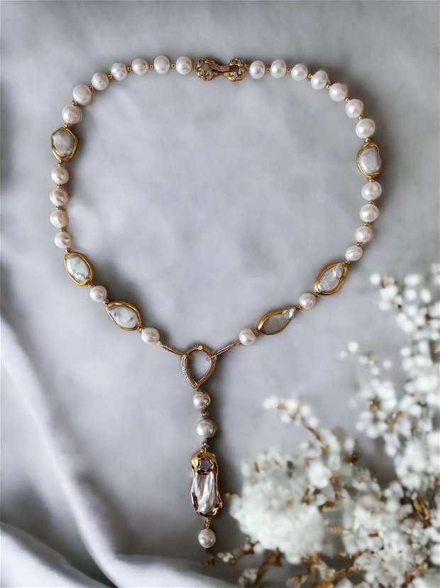 Colier masiv perle de cultura si perle keshi aurite