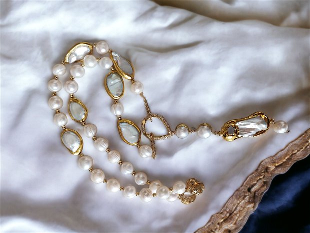 Colier masiv perle de cultura si perle keshi aurite