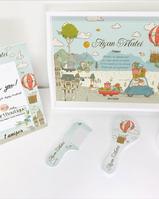 Set aniversar personalizat 1 anisor - Aventuri cu animale - In oras - Tavita mot si accesorii