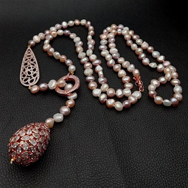 Colier lung din perle de cultura nuante diferite rose/gri/alb