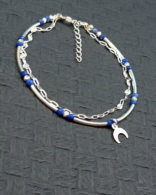 Bratara argint X2 lapis lazuli lant argint charm semiluna asimetrica minimalista trendy multisir cadou -Transport gratuit