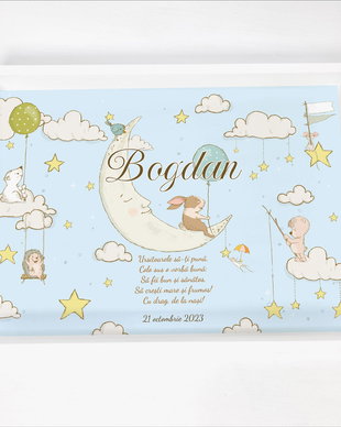 Set aniversar personalizat 1 anisor - Aventuri cu animale - Printre stele - Tavita mot si accesorii