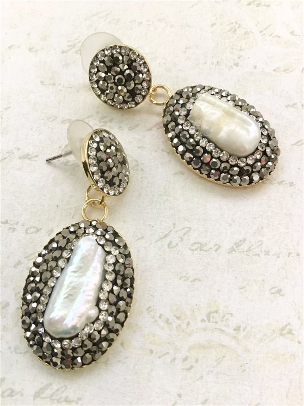 Set perle Biwa, marcasite & alama placata cu aur