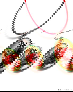 set bijuterii lemn cu maci 43557