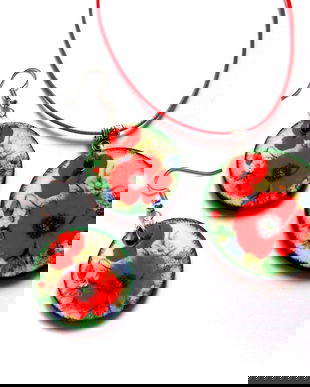 set bijuterii lemn cu maci 43564