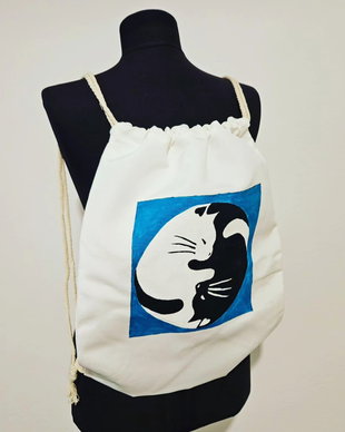 Rucsac pictat manual- cu pisici Yin Yang