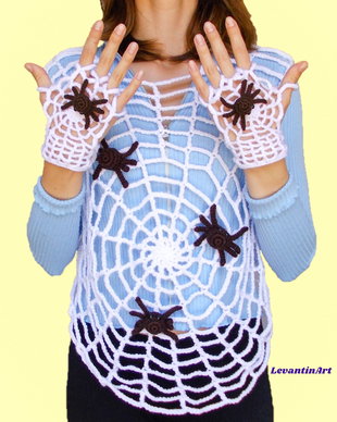 Halloween outfit cu paianjeni 3D. Set top si manusi panza de paianjen