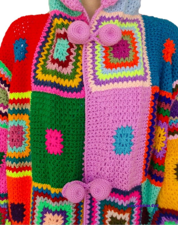 Happy Colors - Cardigan dama lung oversize cu gluga. Palton handmade multicolor. Pardesiu femei cu buzunare. Marime universala M/L/XL