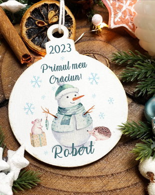 Glob Craciun Personalizat din Lemn - Snowman in The Forest
