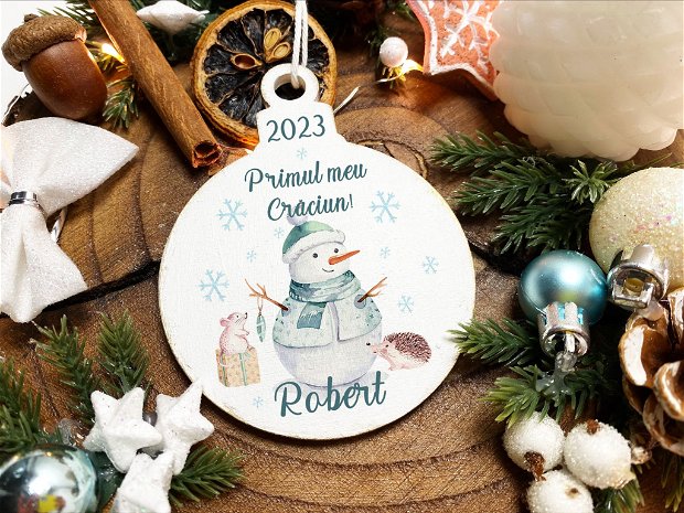 Glob Craciun Personalizat din Lemn - Snowman in The Forest
