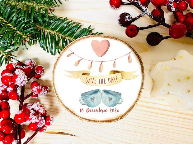 Ornament Craciun personalizat pe felie lemn - "Save the Date" - Christmas in The Forest