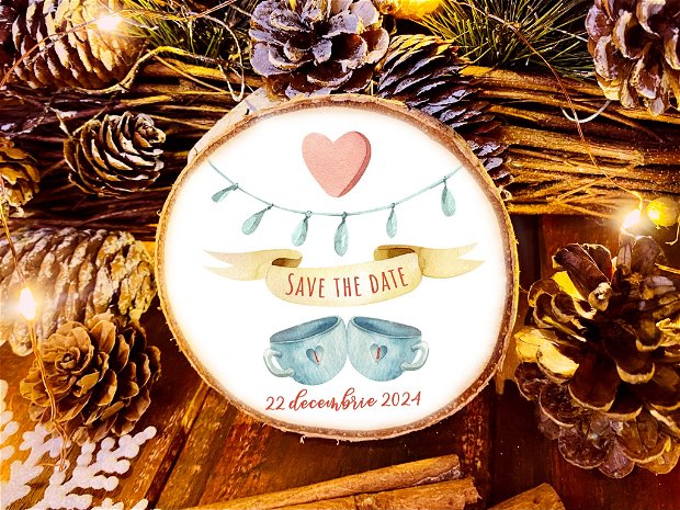 Ornament Craciun personalizat pe felie lemn - "Save the Date" - Christmas Party