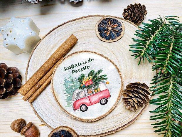 Ornament Craciun personalizat pe felie lemn - Christmas Trucks