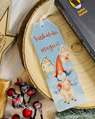 Semn de carte personalizat cu mesaj de Craciun - Pitici scandinavi