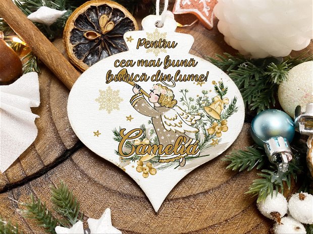 Glob Craciun Personalizat din Lemn - Golden Christmas Angel