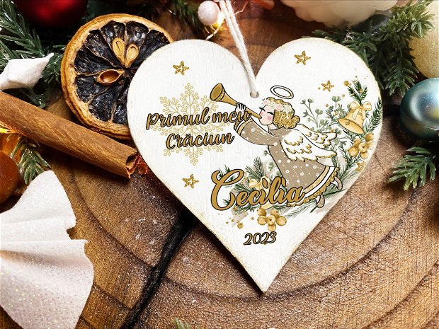 Glob Craciun Personalizat din Lemn - Golden Christmas Angel