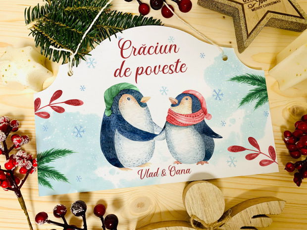 Placuta Decorativa Personalizata de Craciun - Penguin Family