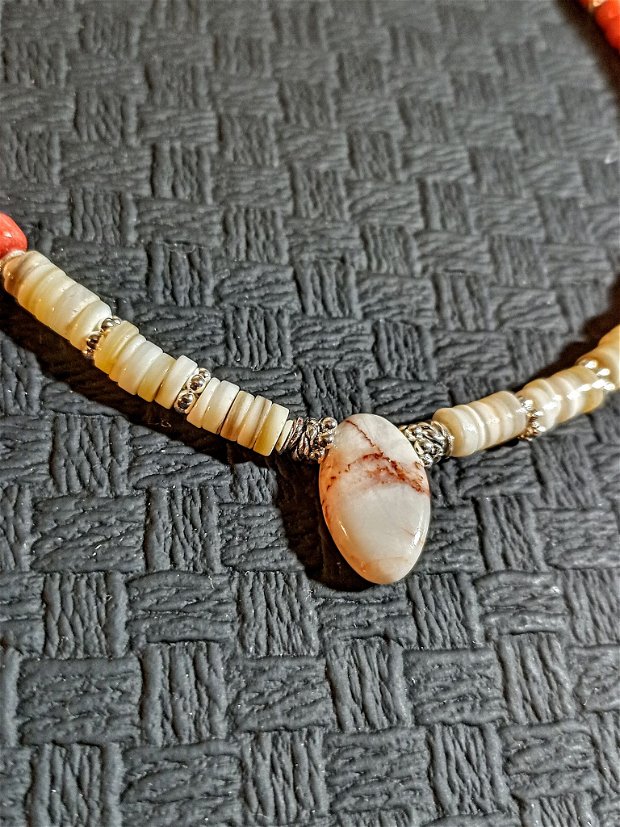 Colier argint coral natural sidef jasp perle de cultura naturale heishi discuri aspect vintage boho chic trendy - Transport gratuit