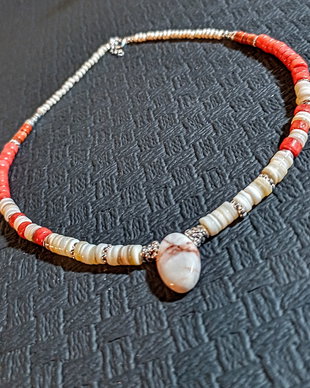 Colier argint coral natural sidef jasp perle de cultura naturale heishi discuri aspect vintage boho chic trendy - Transport gratuit