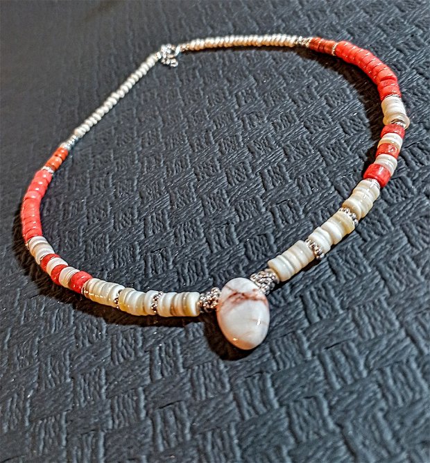 Colier argint coral natural sidef jasp perle de cultura naturale heishi discuri aspect vintage boho chic trendy - Transport gratuit