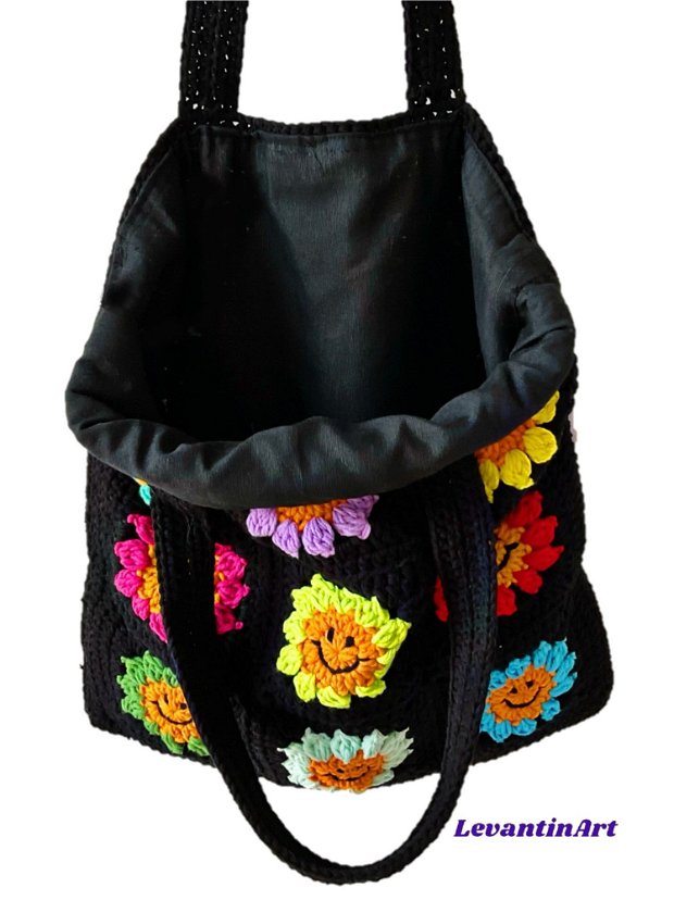 Happy Flowers - geanta tote neagra. Geanta handmade diverse culori din bumbac. Geanta XL. LA COMANDA