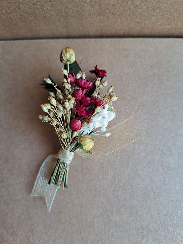 Cocarde nuntă/ Brățări domnișoare onoare-flori naturale uscate și criogenate,  Alb Bej Grena/Burgundy/Marsala