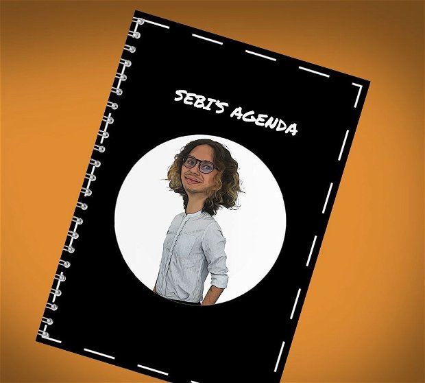 Notebook cu avatar caricaturizat si mesaj