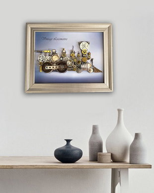 Locomotiva de epoca Cod M 605・Tablou decorativ din piese de ceas・Arta・Tablou steampunk