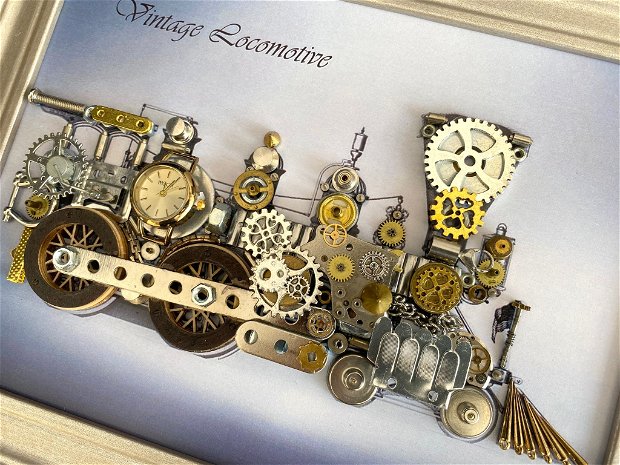 Locomotiva de epoca Cod M 605・Tablou decorativ din piese de ceas・Arta・Tablou steampunk