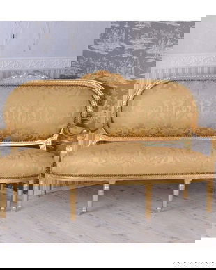 Sofa Madame Pompadour din lemn masiv auriu cu tapiterie aurie