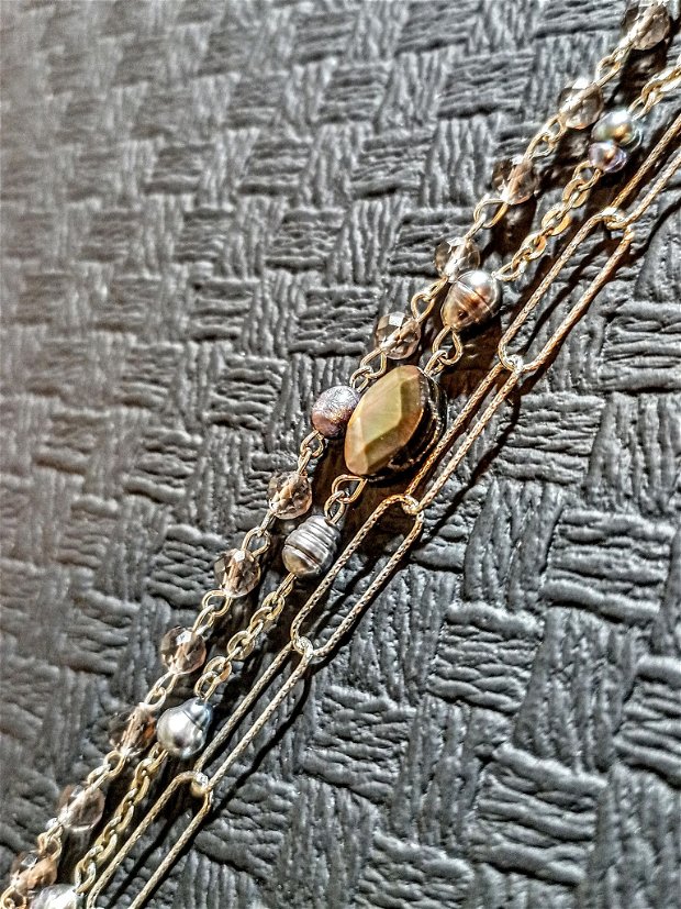 Bratara argint X3 sidef perle naturale de cultura cuart fumuriu lant argint boho chic trendy - Trabsport gratuit