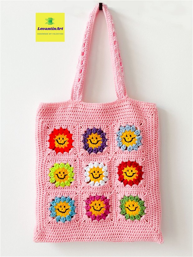 Happy Flowers - geanta tote crem. Geanta handmade diverse culori din bumbac. Geanta XL. LA COMANDA