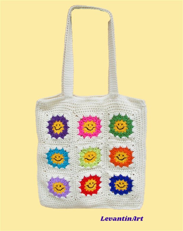 Happy Flowers - geanta tote crem. Geanta handmade diverse culori din bumbac. Geanta XL. LA COMANDA