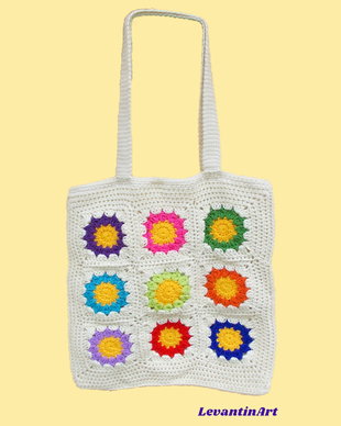 Happy Flowers - Geanta tote crem. Geanta crosetata diverse culori din bumbac. Geanta XL. LA COMANDA