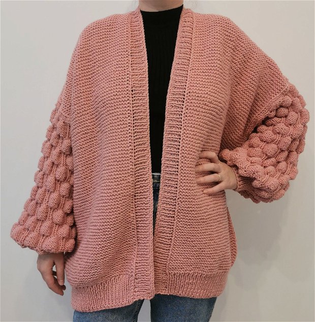Cardigan tricotat roz pudra