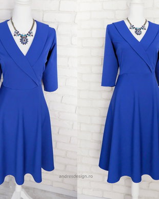 Rochie Clos Midi Albastra cu Guler Intors