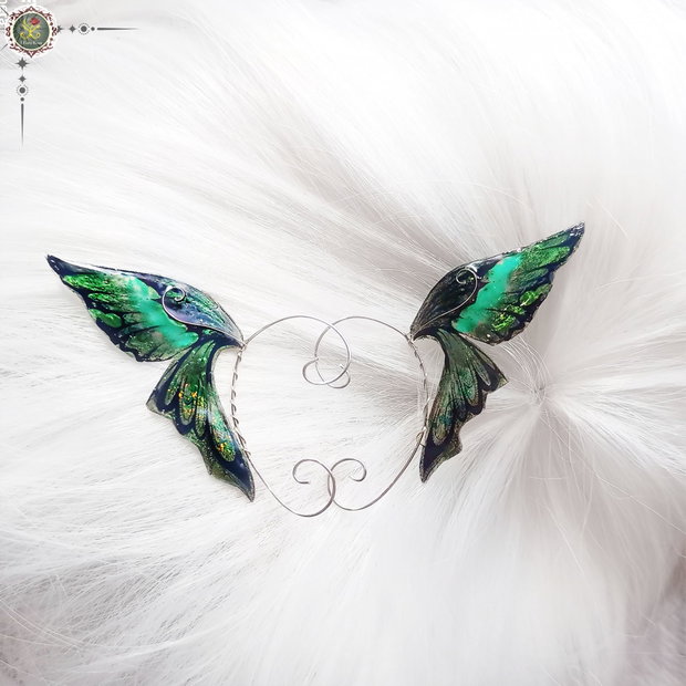 Cercei ear wrap cu Aripi de Fluture verde cu negru