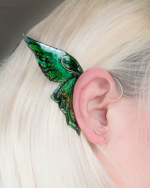 Cercei ear wrap cu Aripi de Fluture verde cu negru