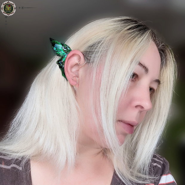Cercei ear wrap cu Aripi de Fluture verde cu negru