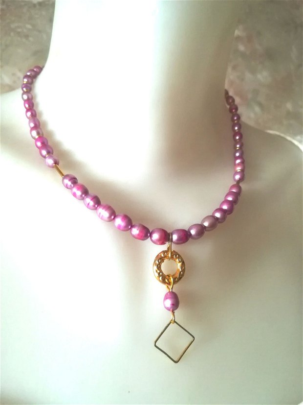 Set geometric cu perle de cultura lila , accesorii gold filled si zamac