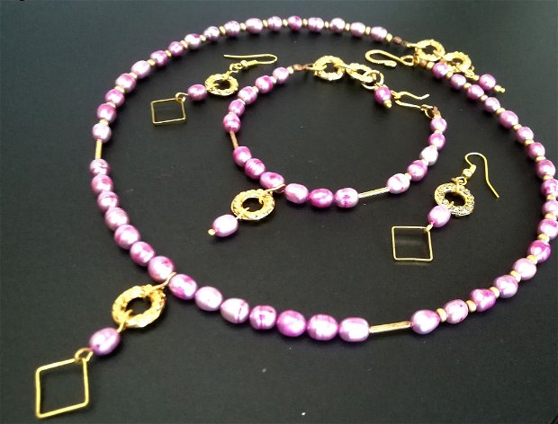 Set geometric cu perle de cultura lila , accesorii gold filled si zamac
