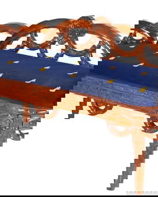 Sofa din lemn masiv mahon cu tapiterie din catifea albastra